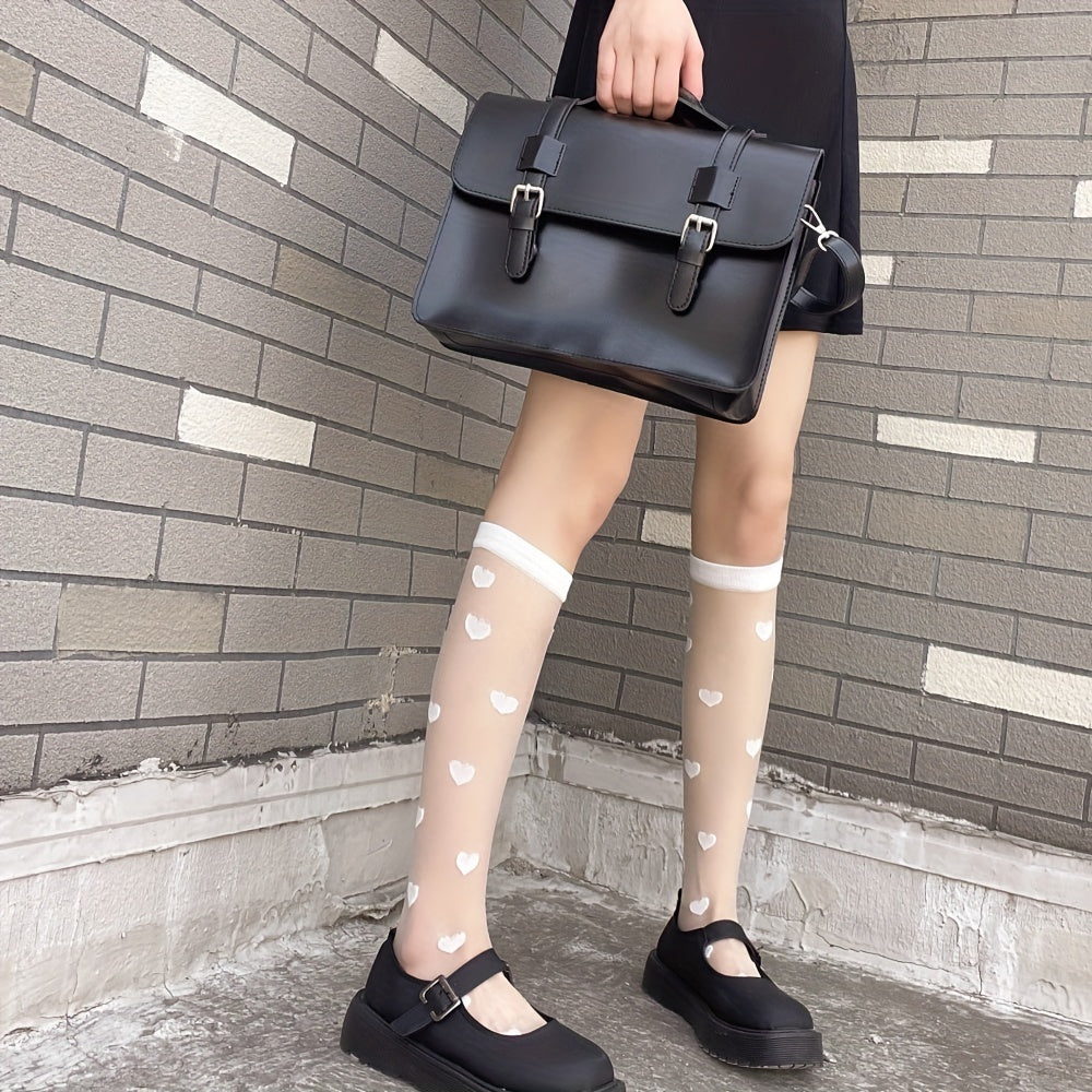 Heart Print Mesh Calf Socks Knee High Stockings Sweet & All match