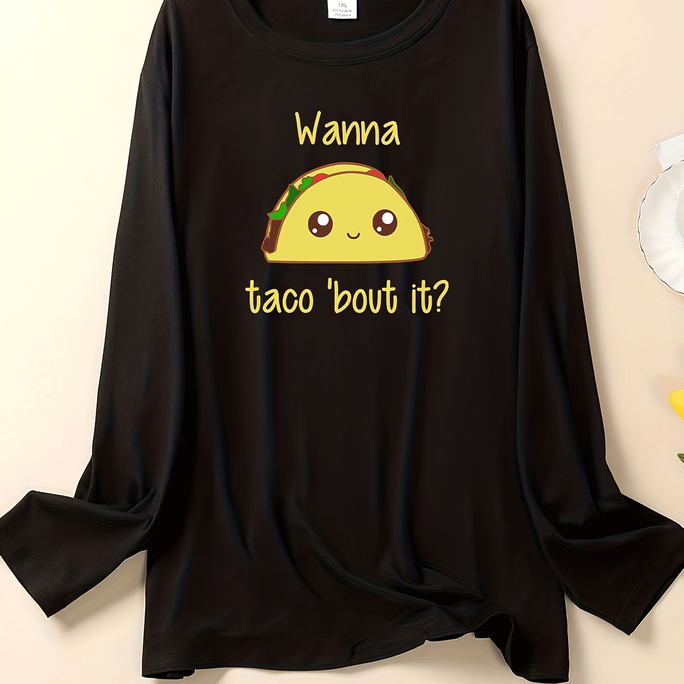 Lounge Top Women's Plus Cartoon Print Long Sleeve Round Neck Sleep Tee