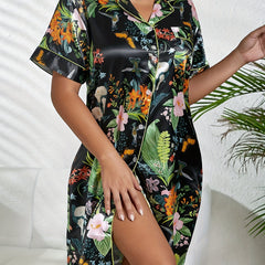 Floral Print NightDress Short Sleeve Buttons Pajama Dress Women's Sleepwear