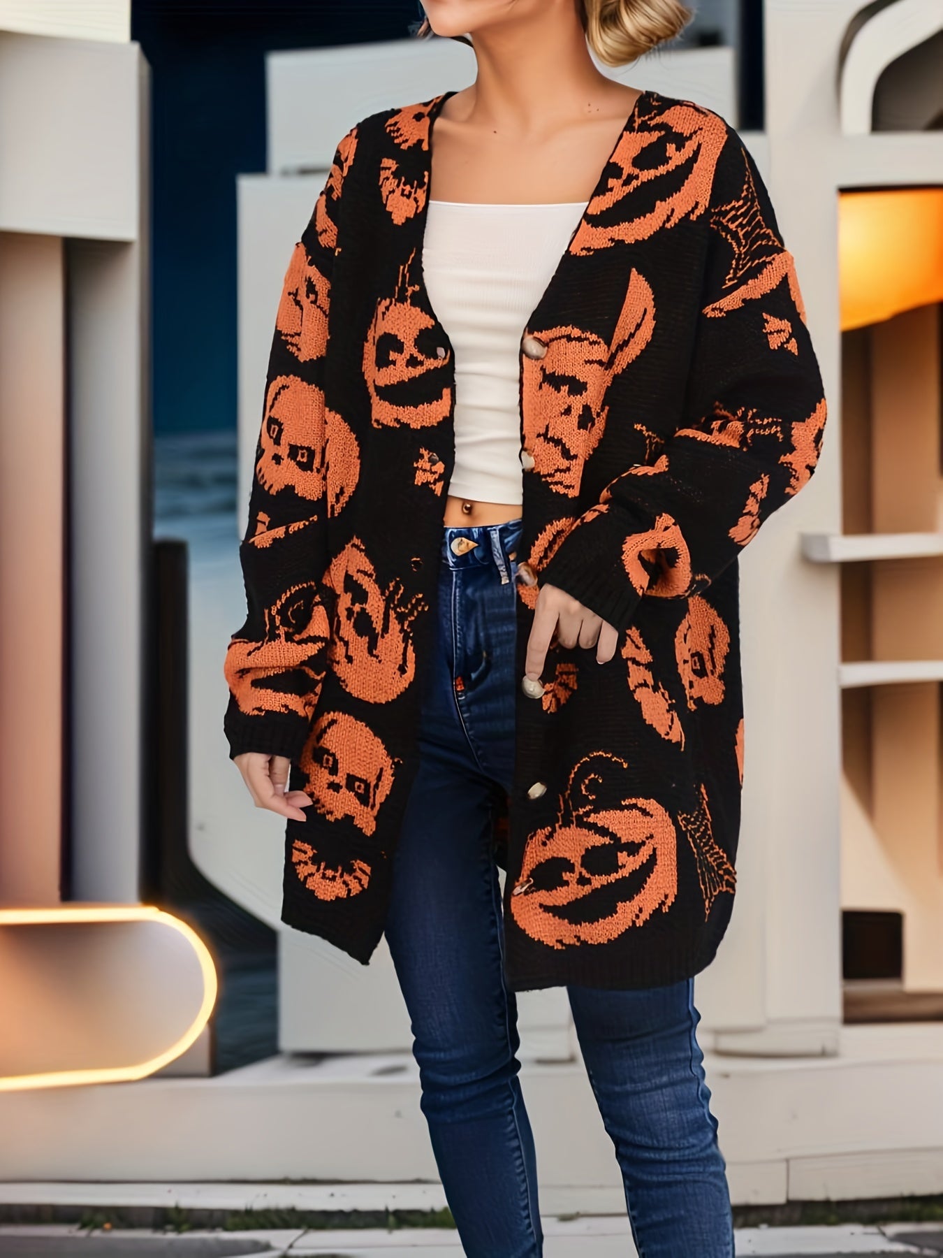 Pumpkin Pattern V Neck Button Up Cardigan Sweater