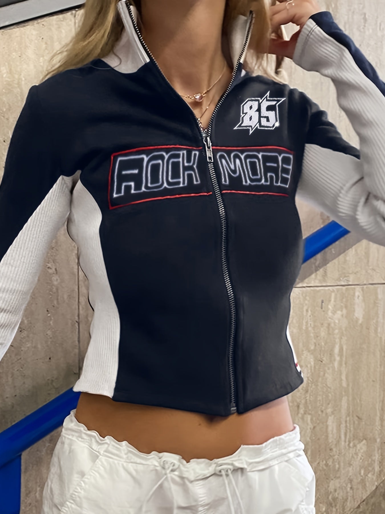 Y2K Block Letter Print Jacket Crop Zip Up Women's Clothing