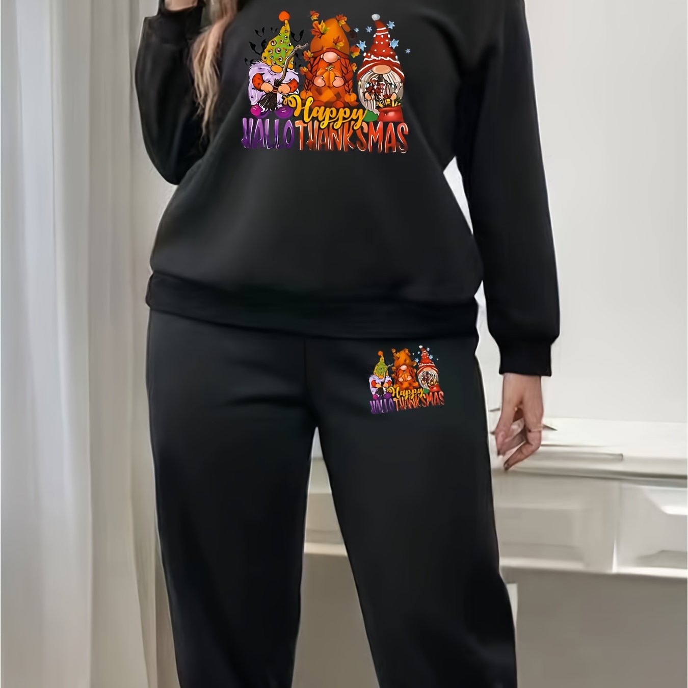 Funny Dwarf Print Sweatshirt & Jogger Sweatpants Set