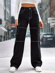 High Waist Straight Jeans Flap & Slash Pockets Wide Leg Loose Fit High Rise