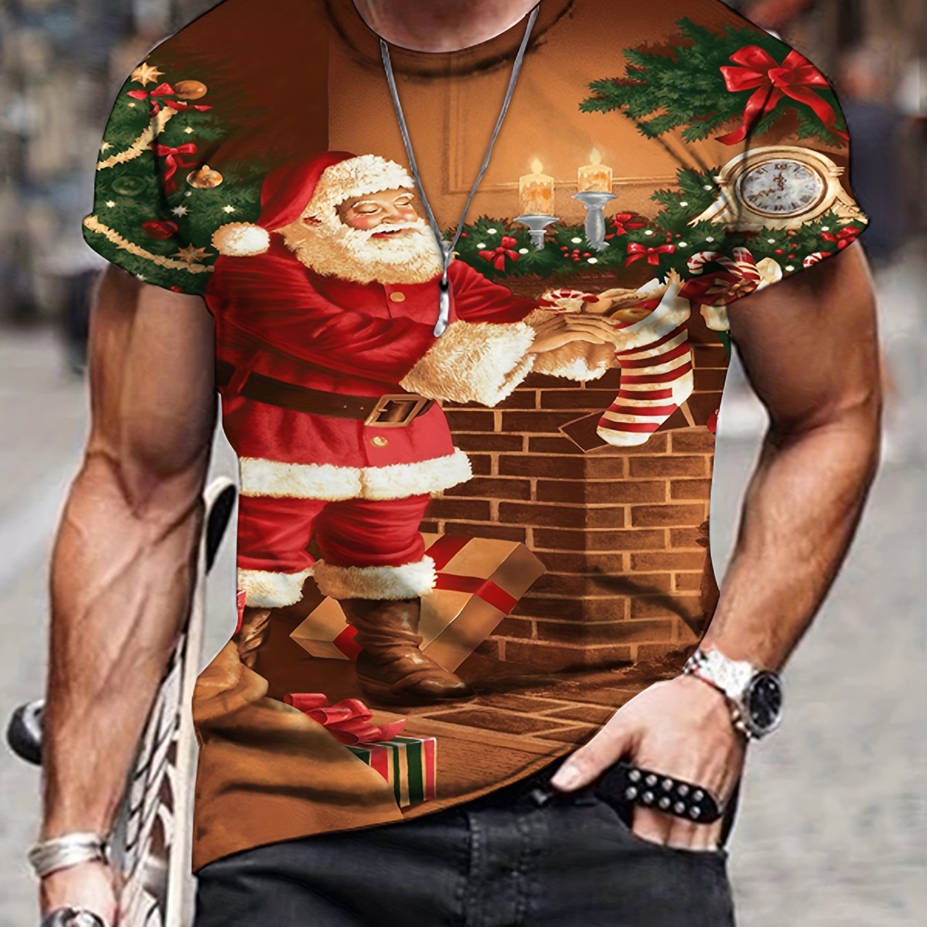 Santa Claus Print Men's Short Sleeve T Shirt Autumn Tee
