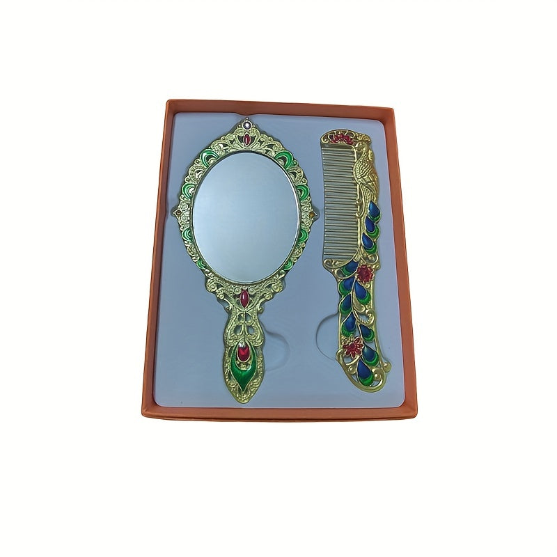 Vintage Mirror Comb Set Peacock Embossed Vanity Makeup Mirror