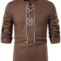 Cotton Men's Long Sleeve Retro Medieval Pirate Shirt Lace Up Casual Beach Tops
