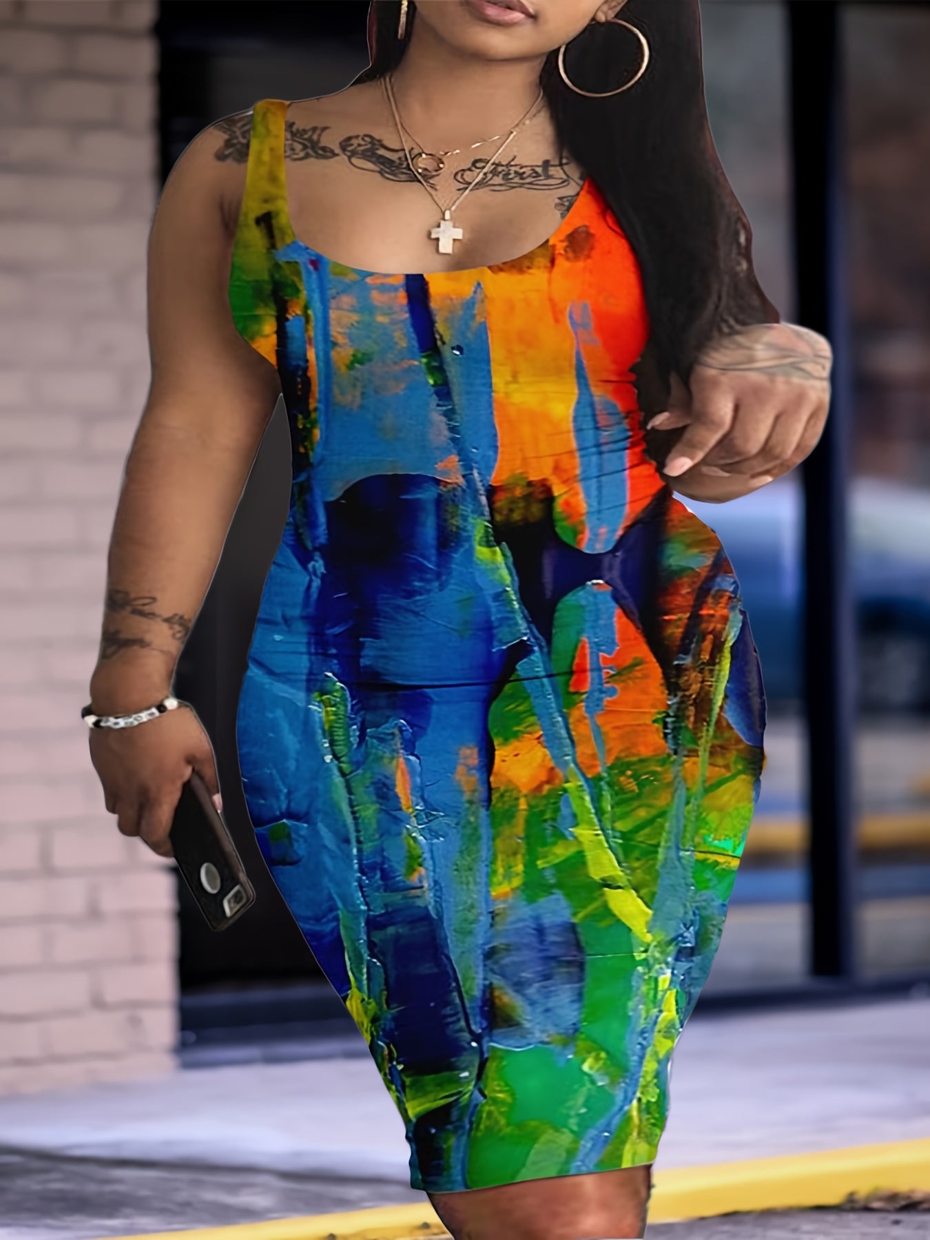 Casual Tank Dress Women's Painting Print Square Neck Slim Fit Dress