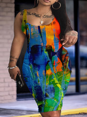Casual Tank Dress Women's Painting Print Square Neck Slim Fit Dress