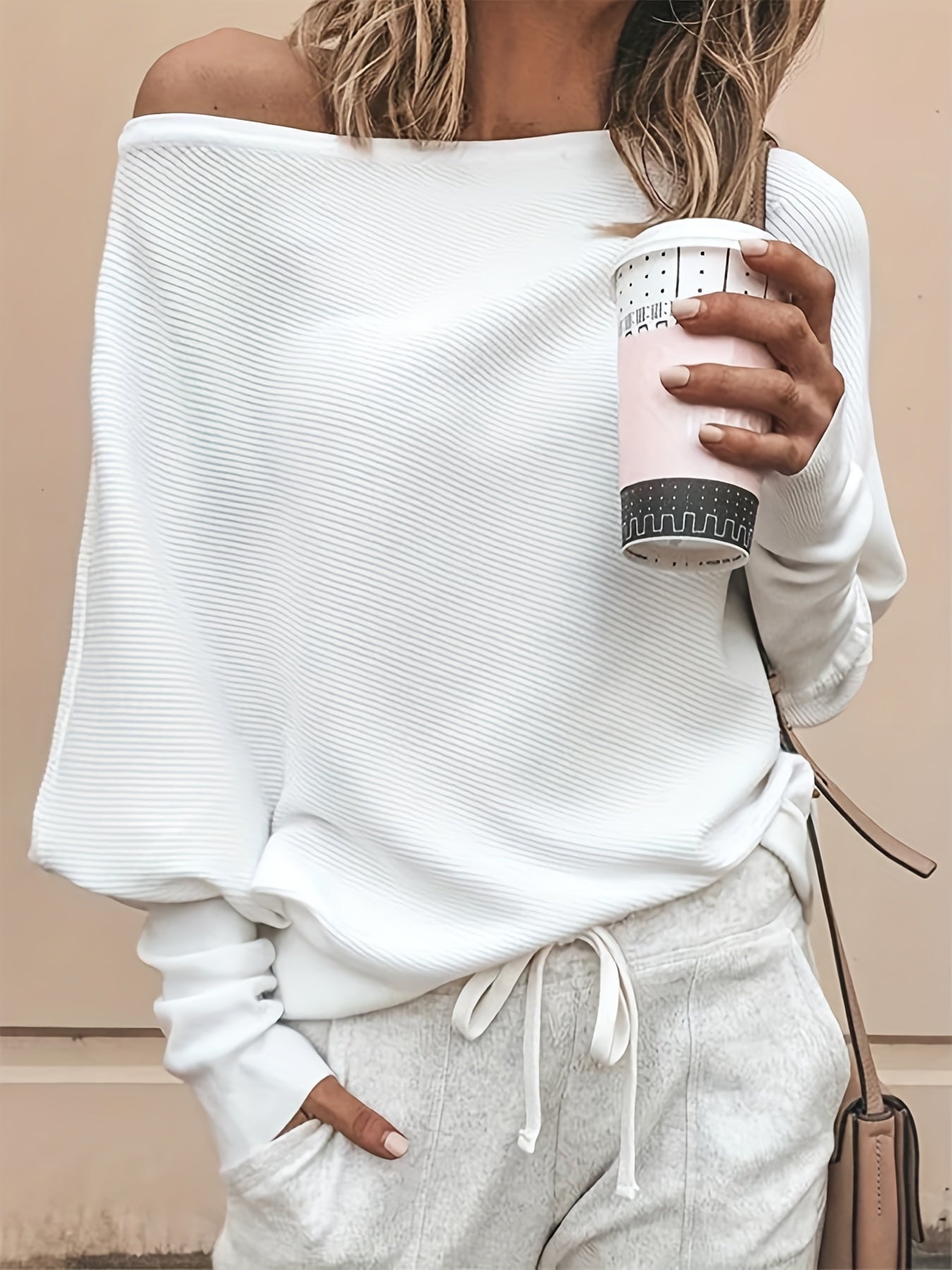 Off Shoulder Pullover Sweater Long Batwing Sleeve for Spring/Fall