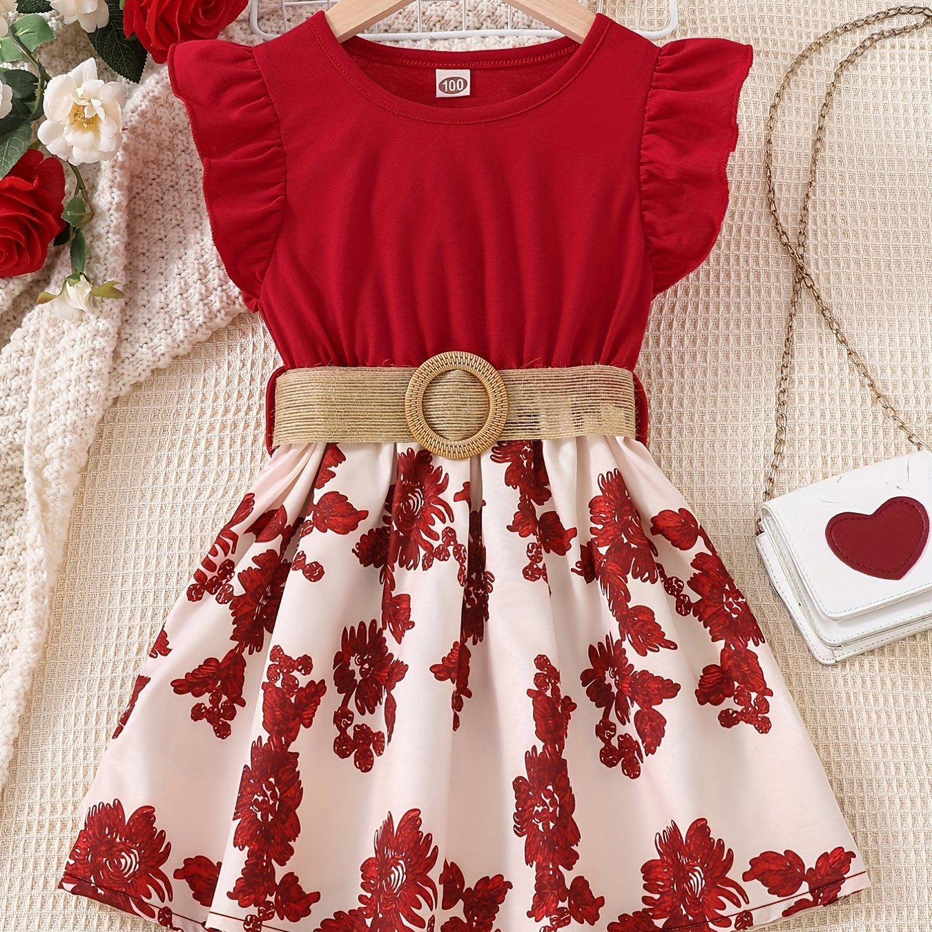 Girls Sleeveless Ruffle Crew Neck Flowers Print Splicing Princess Dress