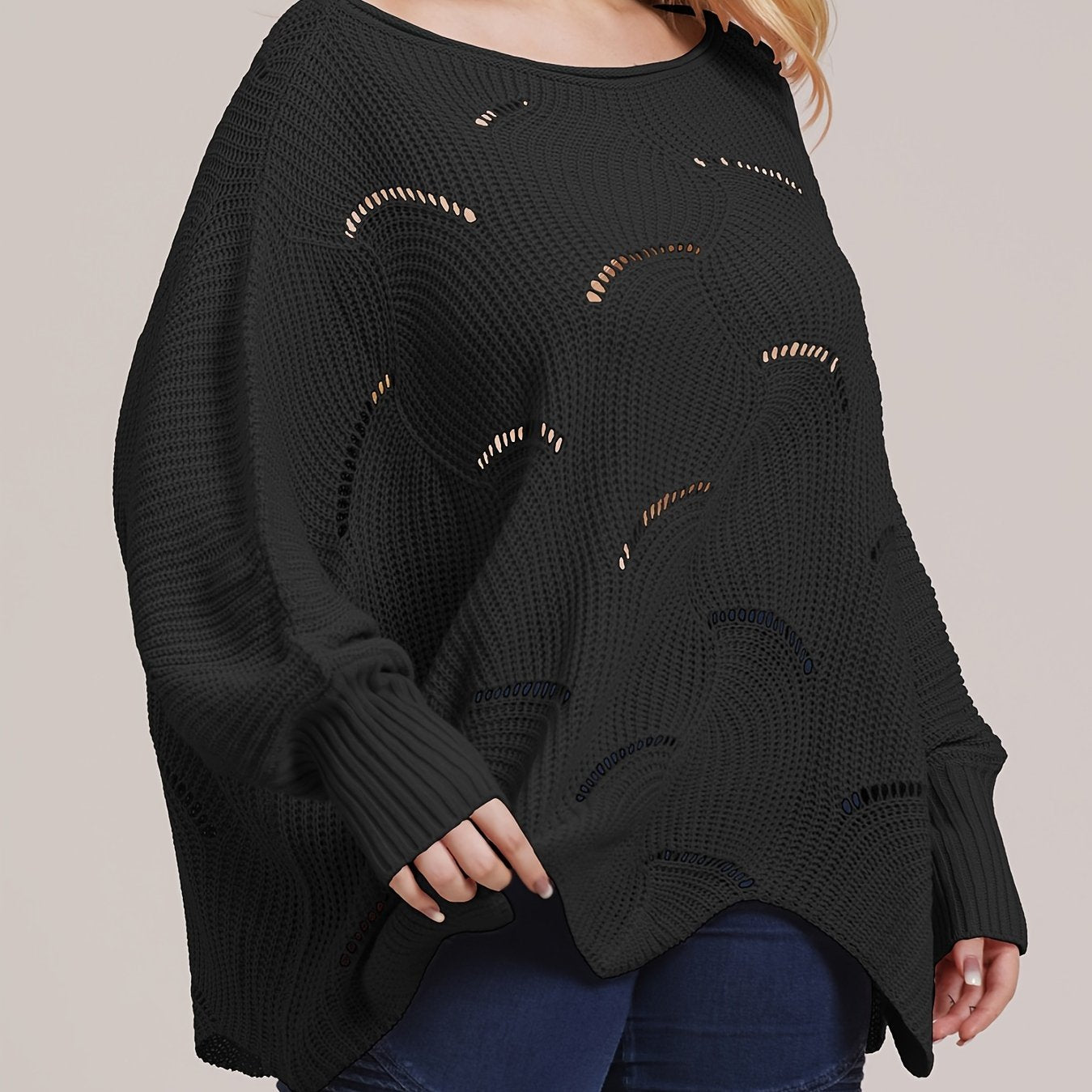 Boat Neck Loose Fit Sweater Women's Plus Casual Solid Sweater