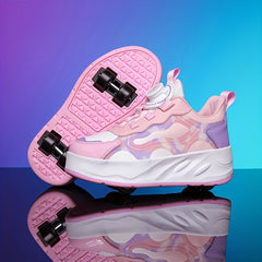 Girl's Roller Shoes with Rotating Buckle Comfy Wheel Skate Sneakers