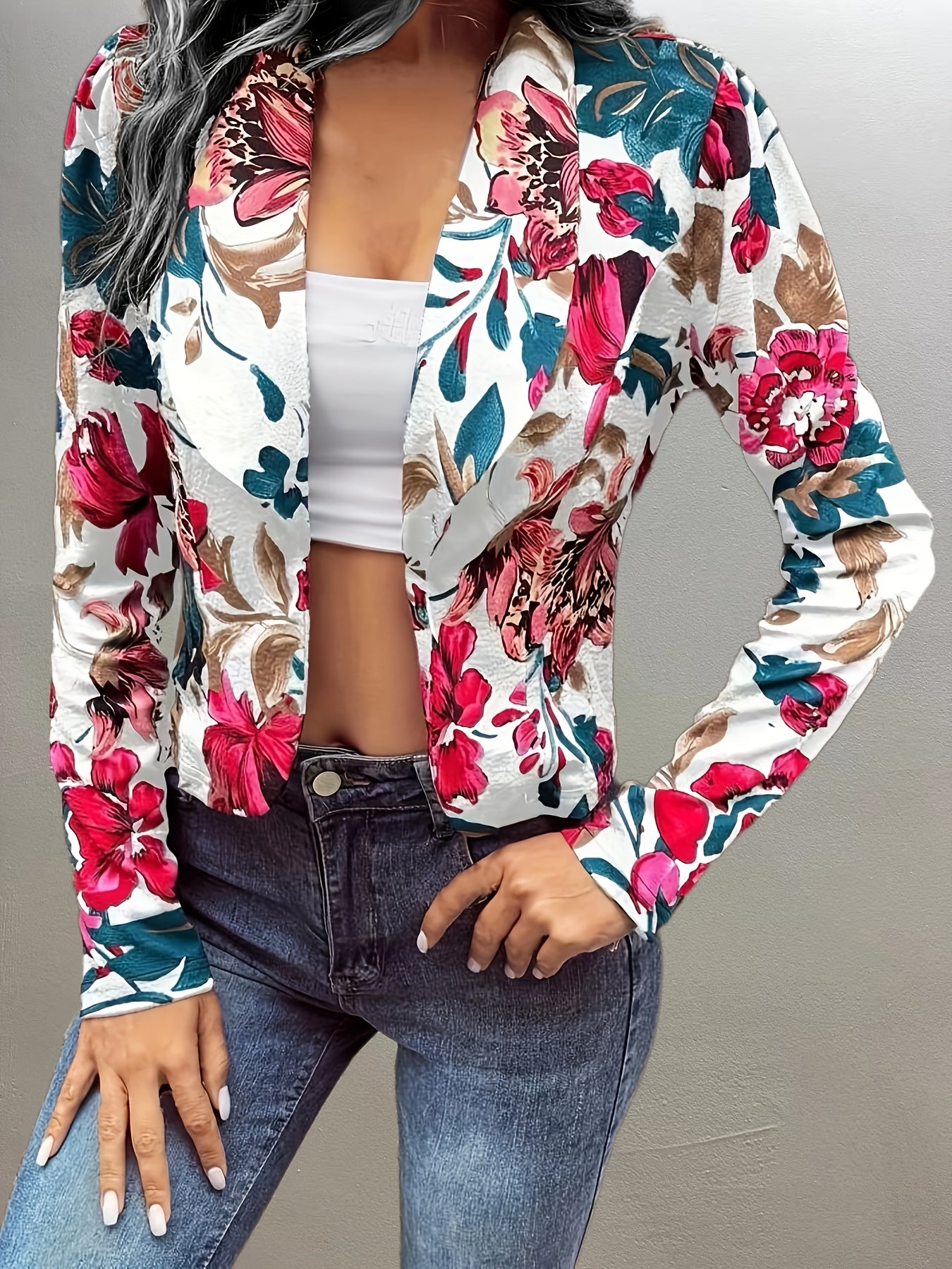 Floral Print Open Front Jacket for Spring & Fall