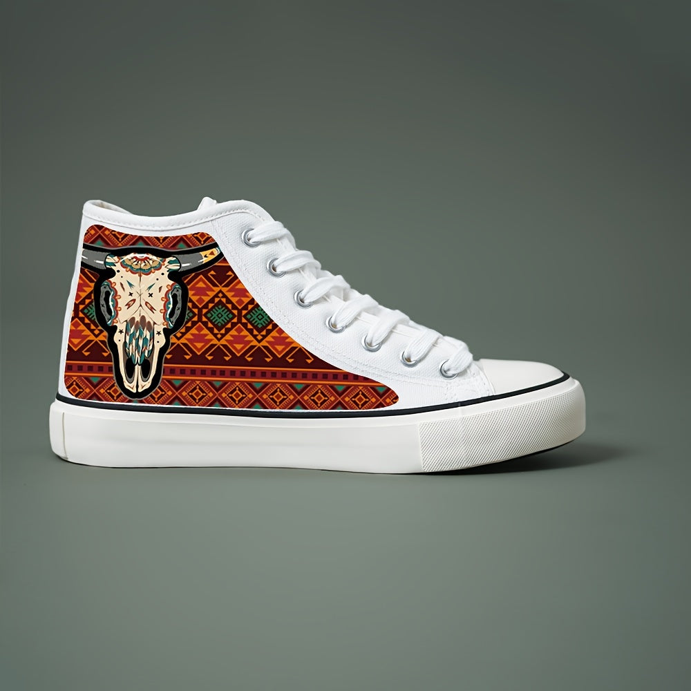 Cow Print Chunky Canvas Sneakers Lace Up High Top Skate Shoes