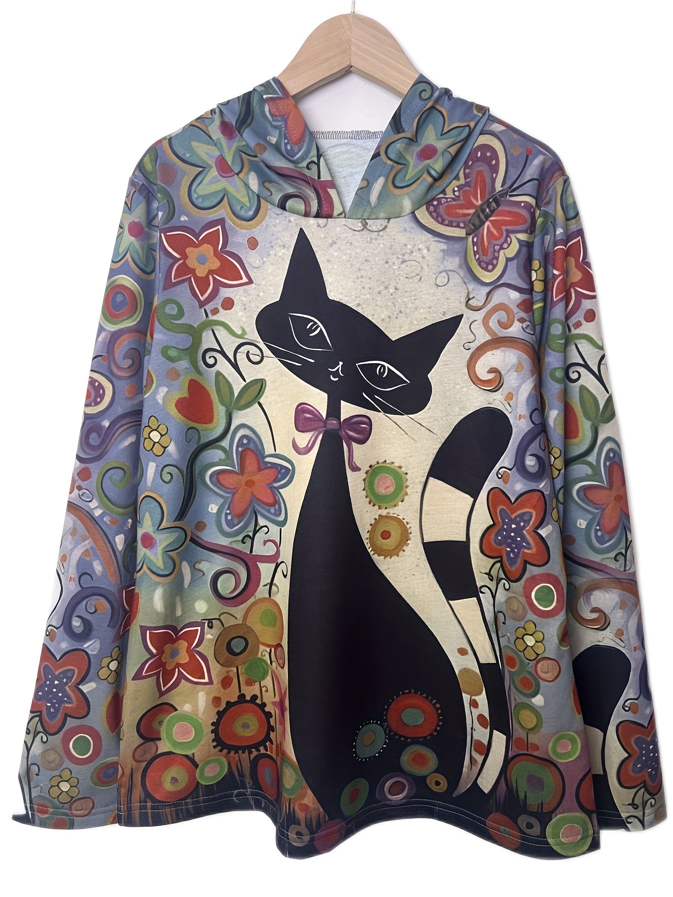 Cat Print Hoodie Long Sleeve Sweatshirt for Spring & Fall
