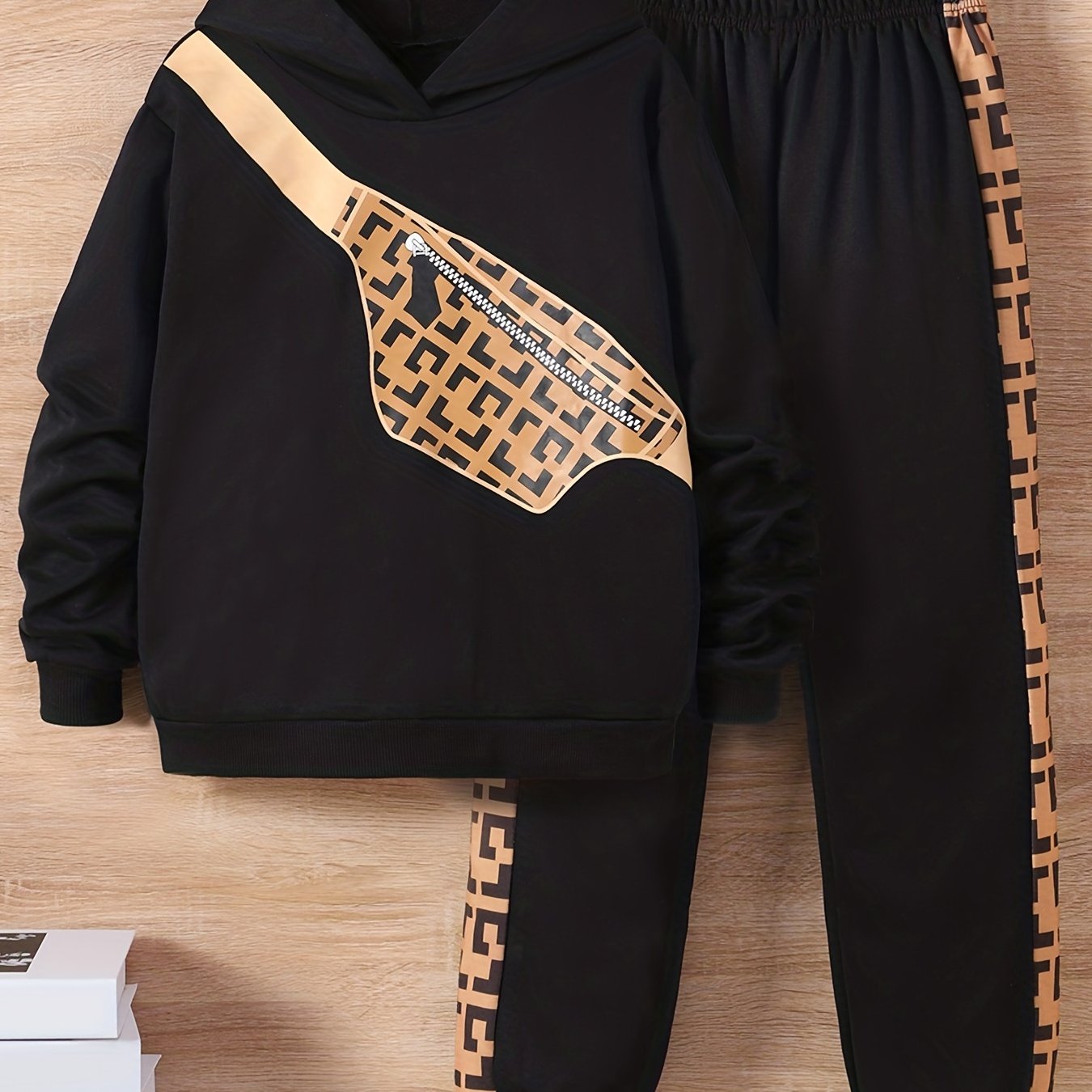 Boys 2pcs Hoodie & Pants Crossbody Bag Print Sweatshirt Casual Kids Clothes