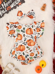 Baby Girls Halloween Pumpkin Print Bodysuit & Headwear Set