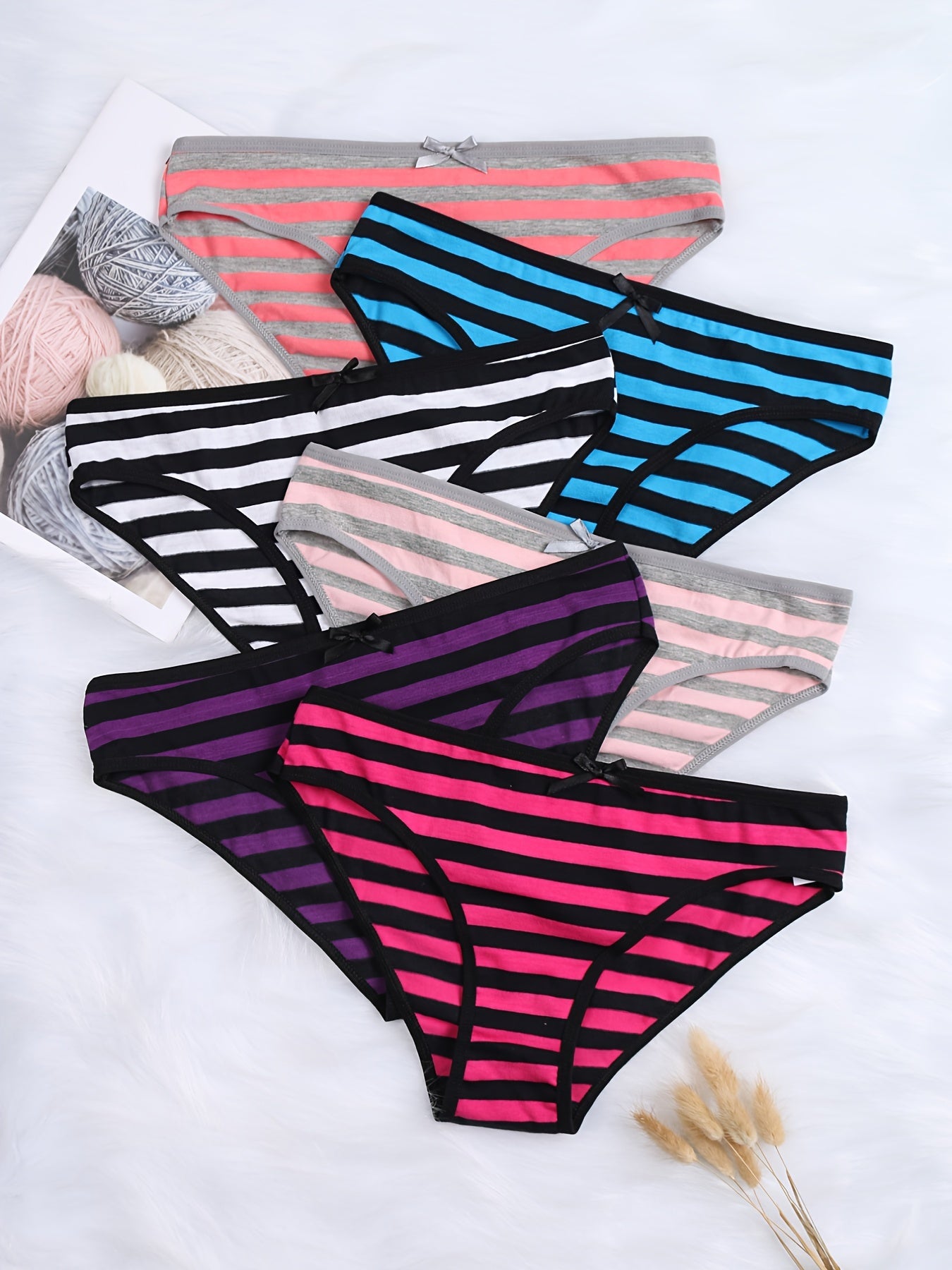6 Pack Women's Plus Size Panties Set Strip Print Knot Front