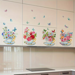4pcs Green Plant Flowers Butterfly Wall Stickers Kitchen Living Room Decor