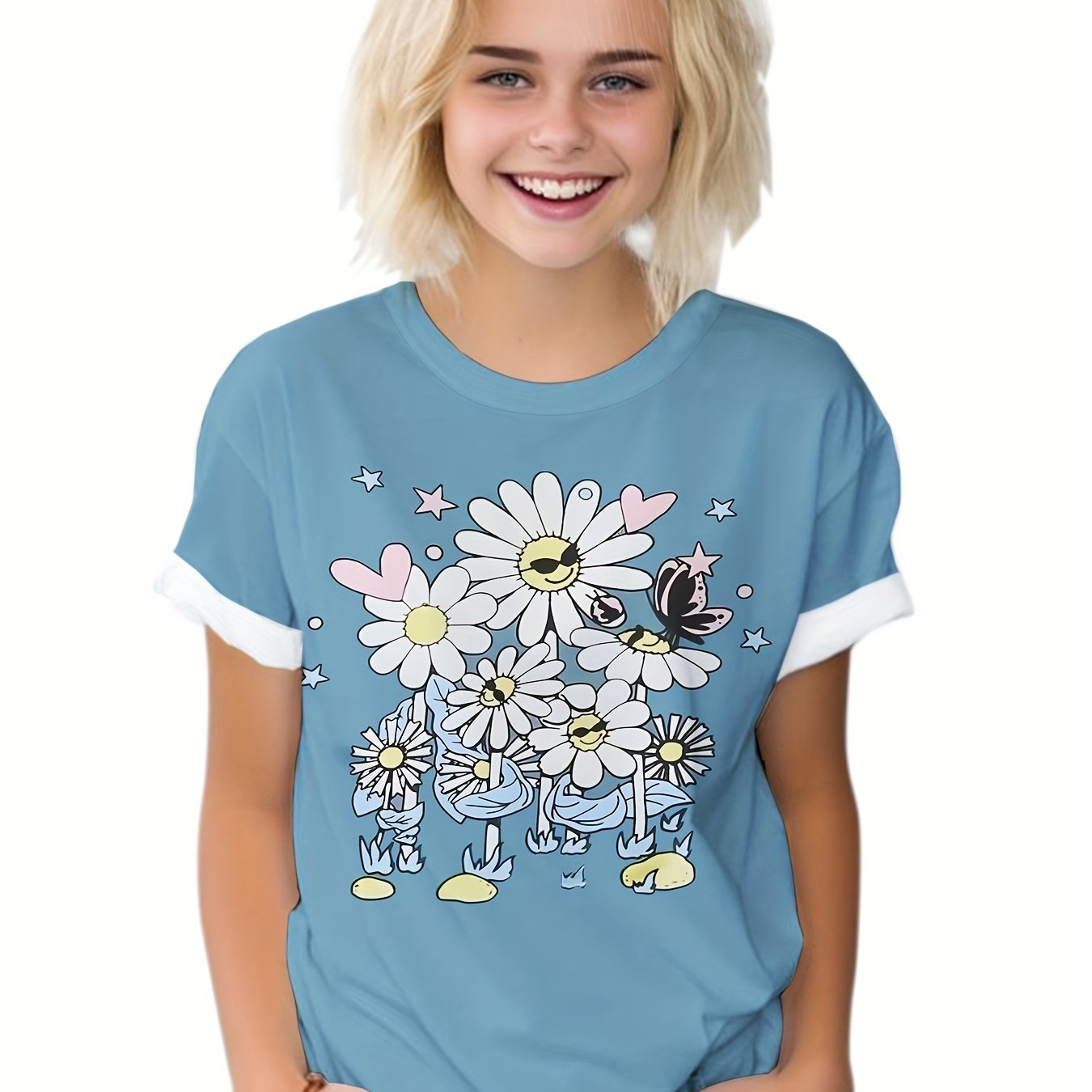 Flower Graphic Short Sleeve T shirt for Summer Sports