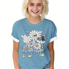 Flower Graphic Short Sleeve T shirt for Summer Sports