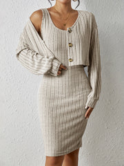 Ribbed Slim Two piece Dress Set Button Front Crop Cardigan & Skinny Tank Dress