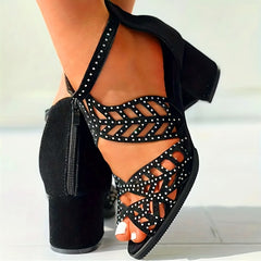 Rhinestone Block Heel Sandals Back Zipper Dress Pumps