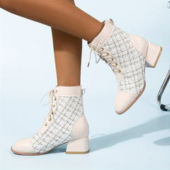 Plaid Chunky Heel Combat Boots Lace Up Square Toe Comfort Dress Boots