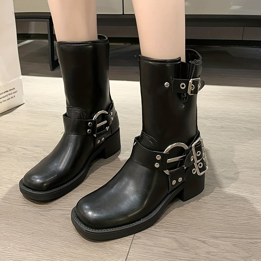 Women's British Style Combat Boots Chunky Heel Cowboy Boots
