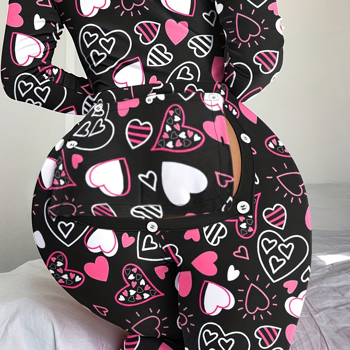 Heart Print Pajama Jumpsuit Long Sleeve V Neck Pajamas