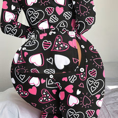 Heart Print Pajama Jumpsuit Long Sleeve V Neck Pajamas