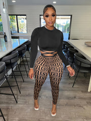 Women's Two Piece Set Crew Neck Top & Printed Pants Fall/Spring