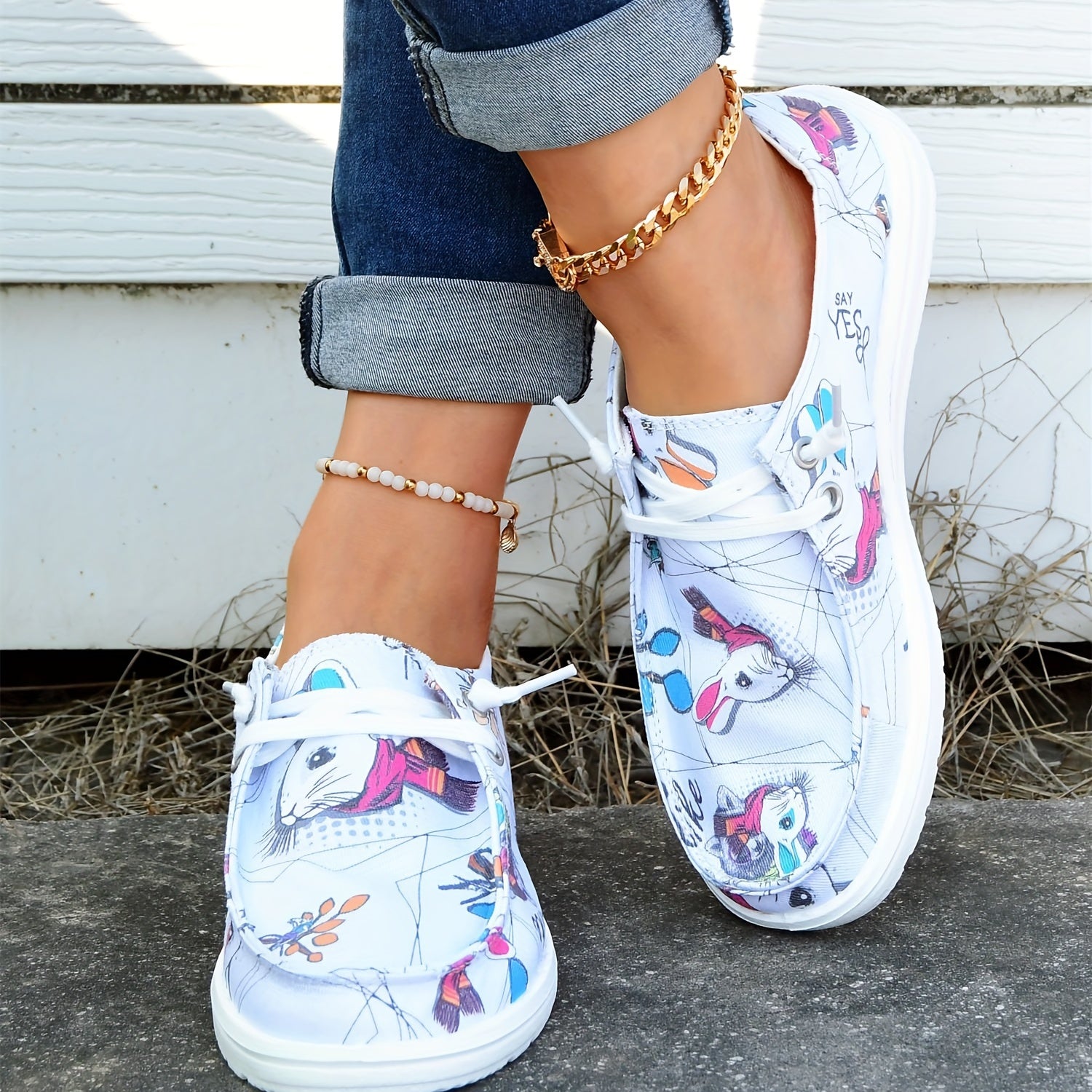 Women's Cartoon Rabbit Boat Shoes Lace Up Canvas Lightweight Walking Shoes