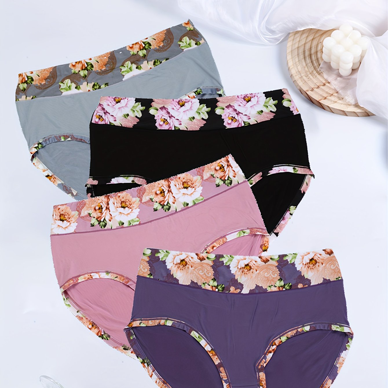 4 Pack Plus Size Panties Set Women's Soft Floral Print Stretch Underwear