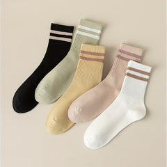 5 Pairs Striped Crew Socks Comfy & Breathable Women's Mid Tube Stockings