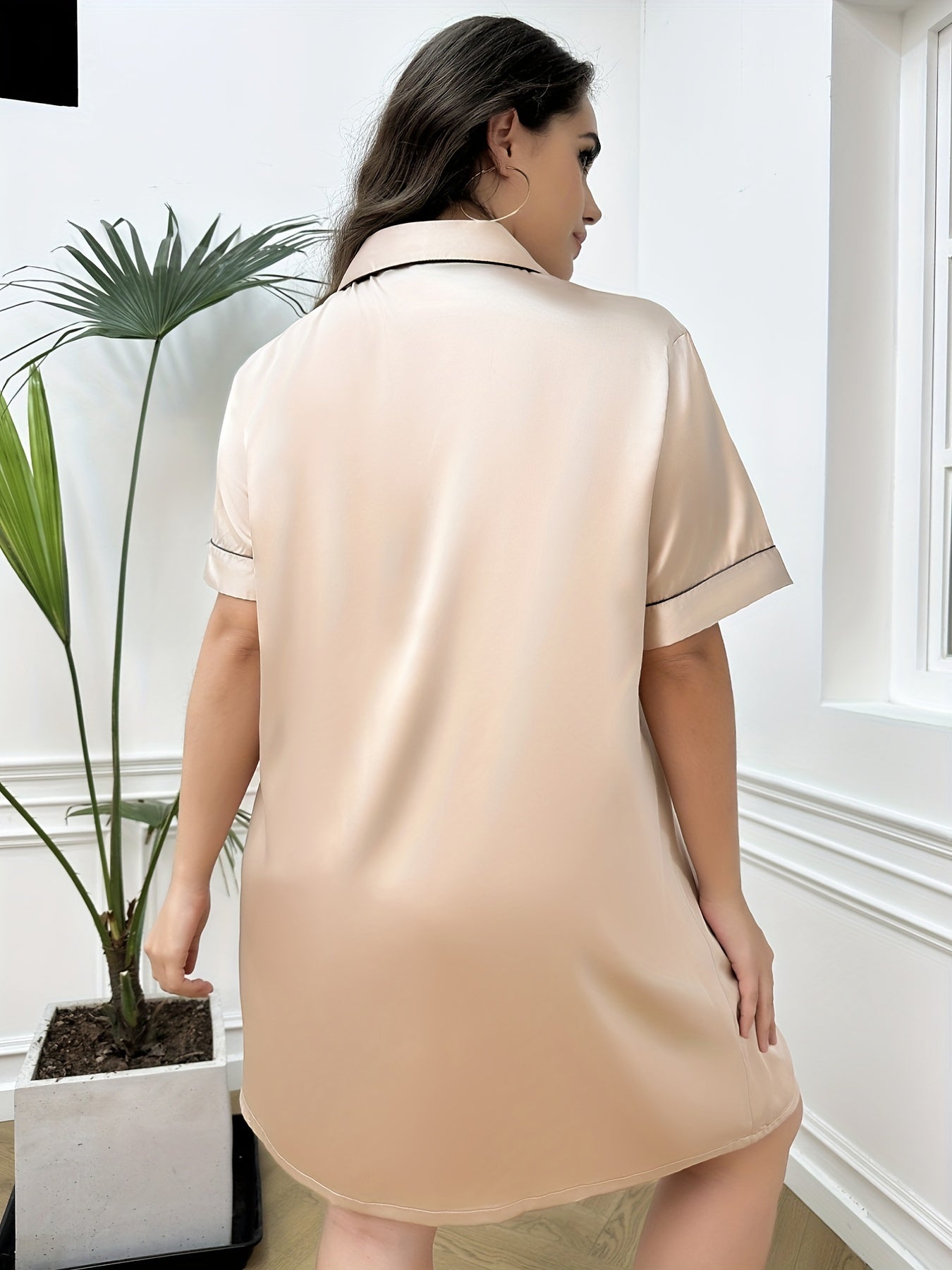 Nightdress Turn Down Collar Button Up Short Sleeve Sleep Dress