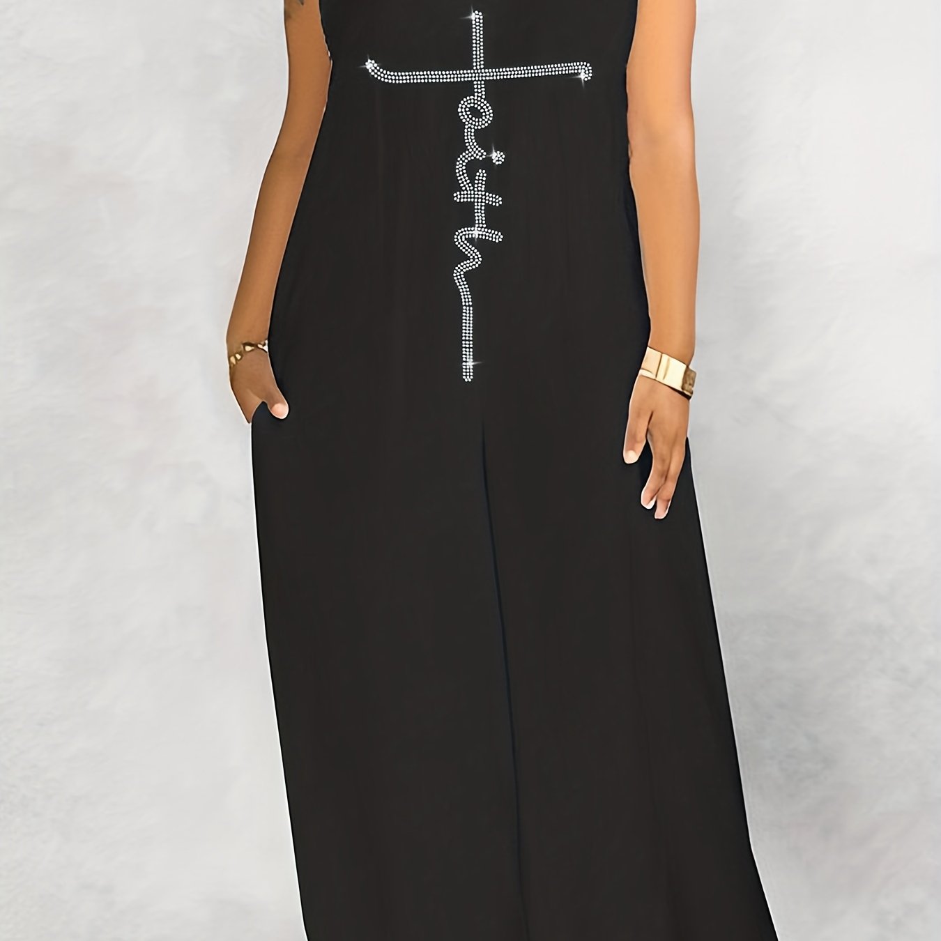 Women's Plus Rhinestone Letter V Neck Wide Leg Tank Jumpsuit