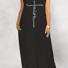 Women's Plus Rhinestone Letter V Neck Wide Leg Tank Jumpsuit