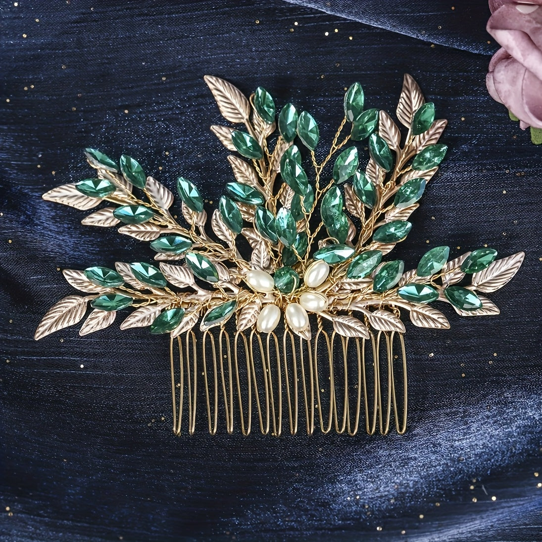 Alloy Leaf Hair Comb Vintage Green Rhinestone Bridal Hair Accessory