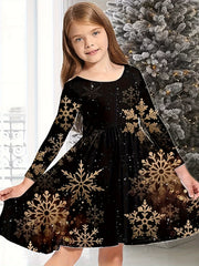 Snowy Reindeer Long Sleeve Dress Kids Spring Fall Christmas Gift
