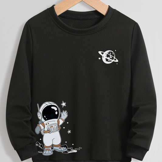 Cartoon Astronaut Print Boys Sweatshirt Long Sleeve Crew Neck