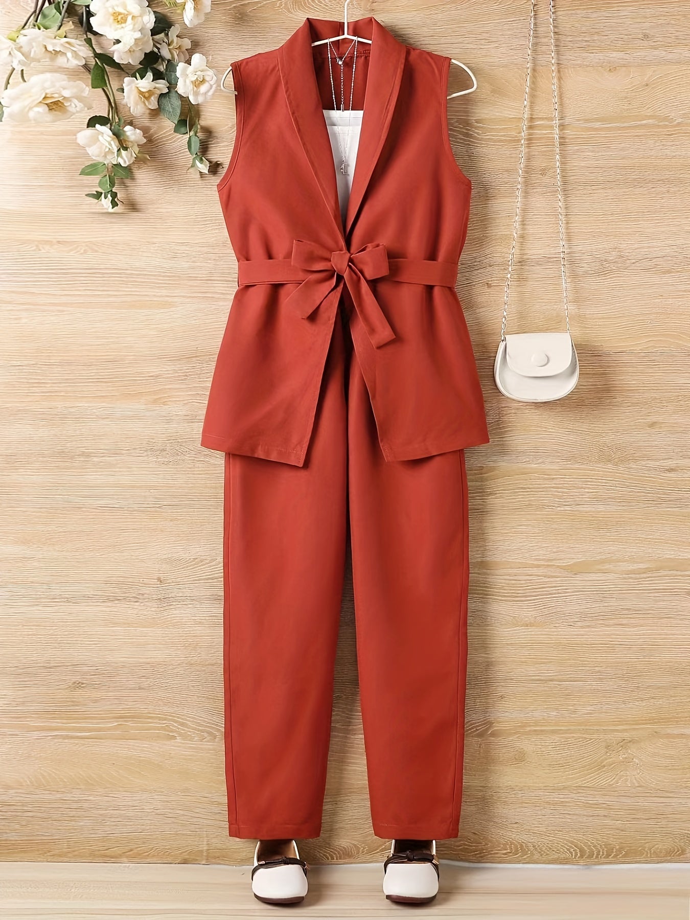 Girls 2pcs Vest With Belt & Elastic Waist Pants Set Solid Sleeveless Blazer
