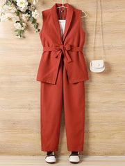 Girls 2pcs Vest With Belt & Elastic Waist Pants Set Solid Sleeveless Blazer