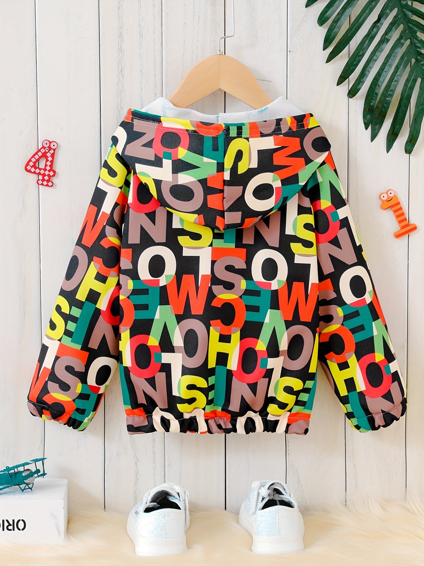 Boys Letter Hooded Long Sleeves Zip Jacket