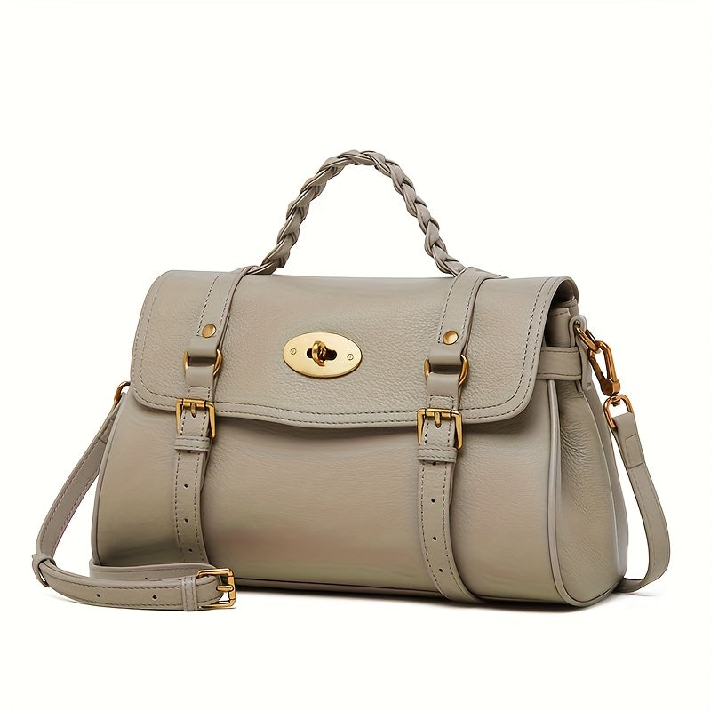 Cowhide Leather Handbag w/ Adjustable Strap & Buckle Closure Khaki C
