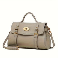 Cowhide Leather Handbag w/ Adjustable Strap & Buckle Closure Khaki C