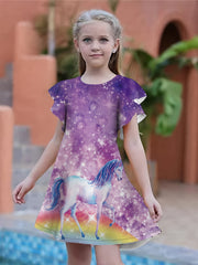 Girls Unicorn Print Dress Ruffle Trim Spring Summer Party Holiday Gift