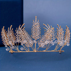 Golden Rhinestones Crown Headband Bridal Tiara Leaf Headpiece