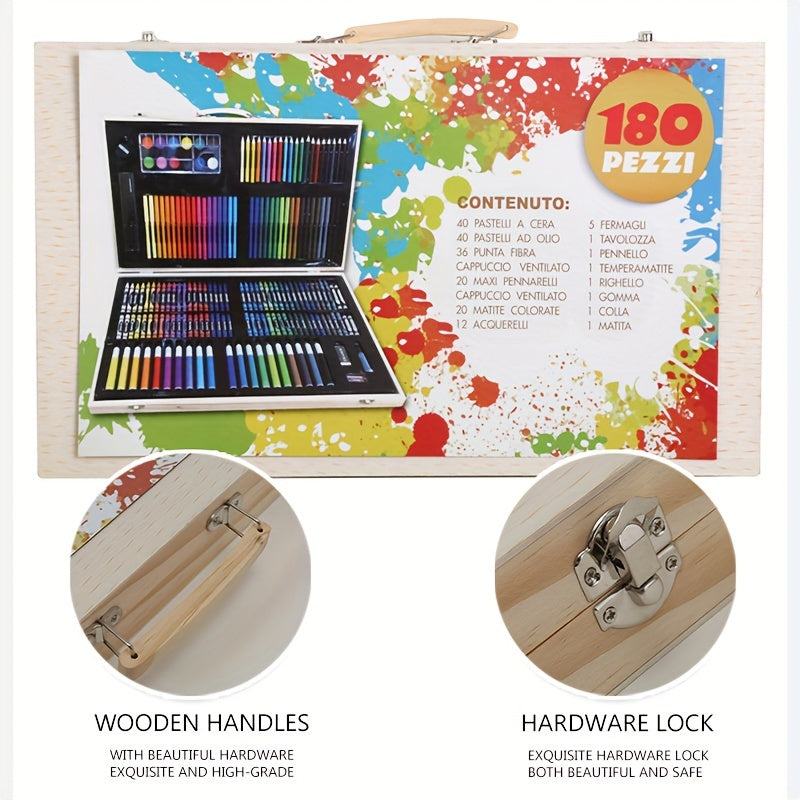 180-Piece Wooden Box Painting Set Watercolor Pen Art Kit