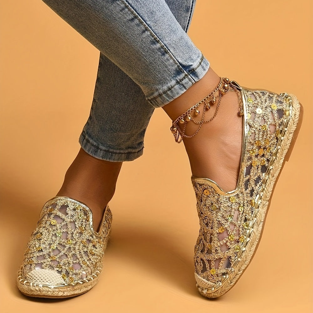 Women's Mesh Sequins Flat Loafers Slip-On Shoes